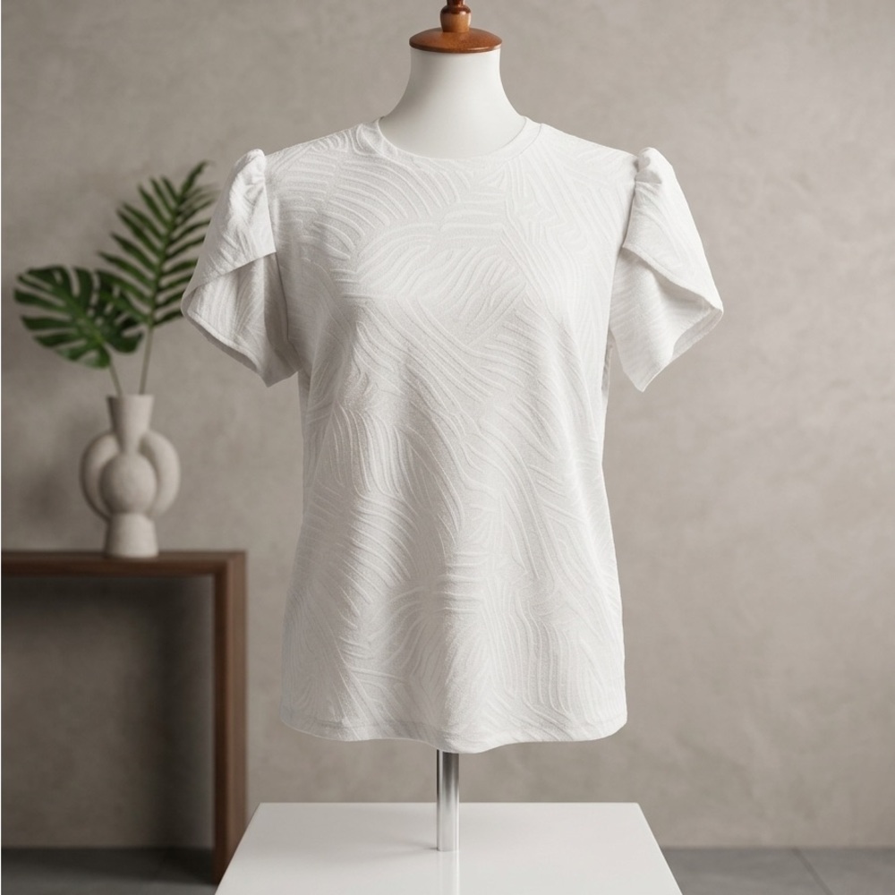 Michael Kors White Zebra Texture Metallic Shimmer Puff Sleeve Top Large